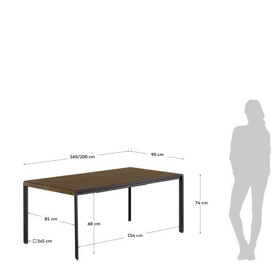 Mesa extensible Nadyria chapa de nogal patas de acero acabado negro 160 (200) x 90 cm