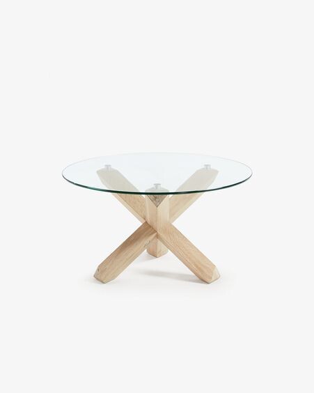 Mesa de centro Lotus Ø 65 cm cristal patas madera maciza de roble