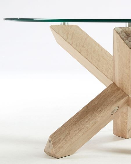 Mesa de centro Lotus Ø 65 cm cristal patas madera maciza de roble
