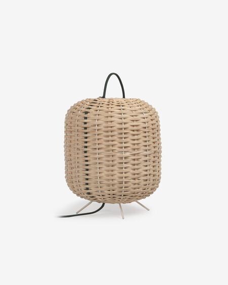 Lámpara de mesa pequeño Lumisa de ratán con acabado natural y cuerda verde