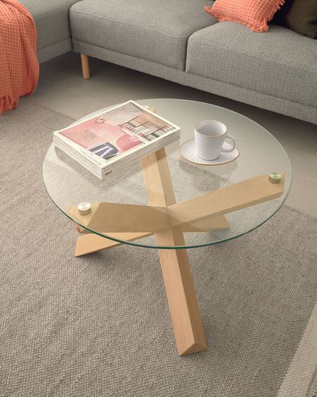 Mesa de centro Lotus Ø 65 cm cristal patas madera maciza de roble