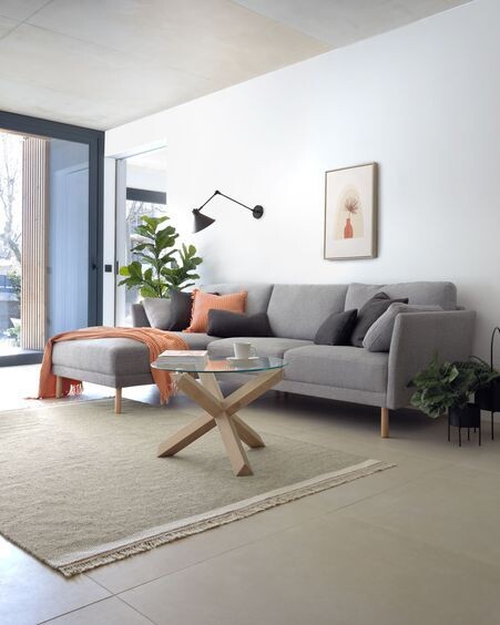 Mesa de centro Lotus Ø 65 cm cristal patas madera maciza de roble