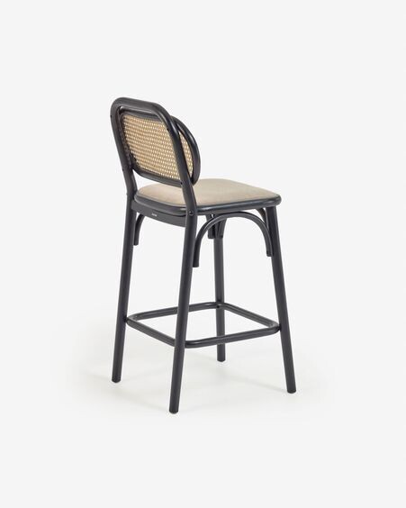 Taburete Doriane madera maciza olmo acabado lacado negro y asiento de tela altura 65 cm