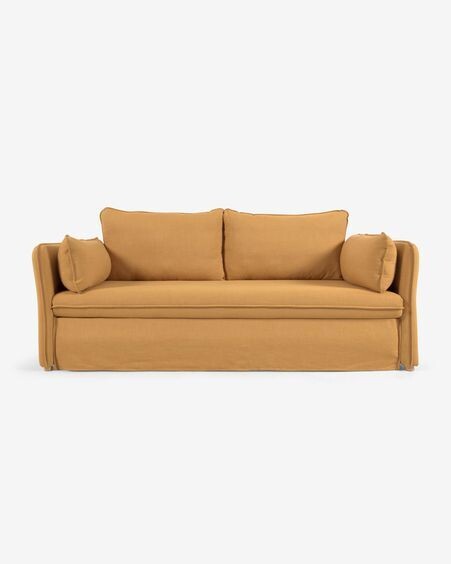 Sofá cama Tanit mostaza y patas de madera maciza de haya con acabado natural 210 cm