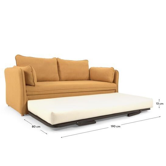 Sofá cama Tanit mostaza y patas de madera maciza de haya con acabado natural 210 cm