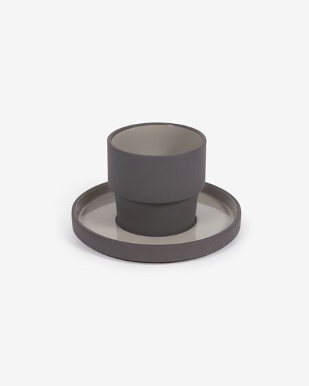 Taza con plato Thianela de porcelana gris