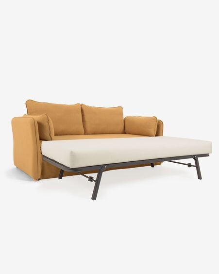 Sofá cama Tanit mostaza y patas de madera maciza de haya con acabado natural 210 cm