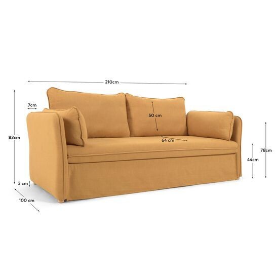 Sofá cama Tanit mostaza y patas de madera maciza de haya con acabado natural 210 cm