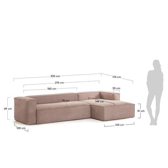 Sofá Blok 4 plazas chaise longue derecho pana gruesa rosa 330 cm
