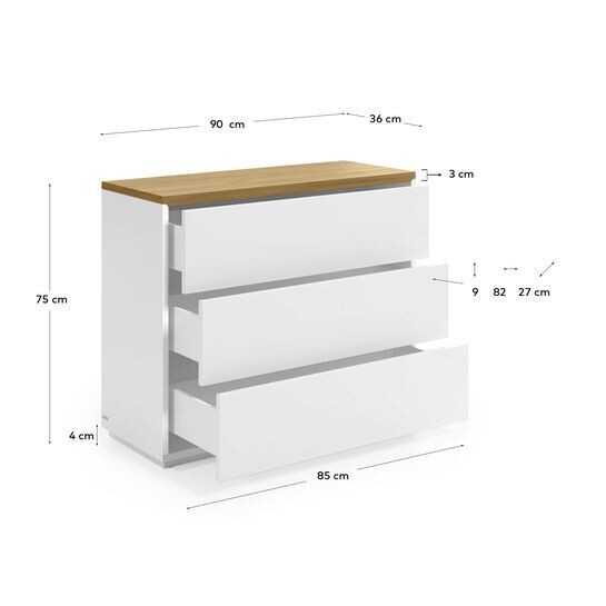 Cómoda Abilen 3 cajones chapa roble y lacado blanco 90 x 75 cm FSC 100%