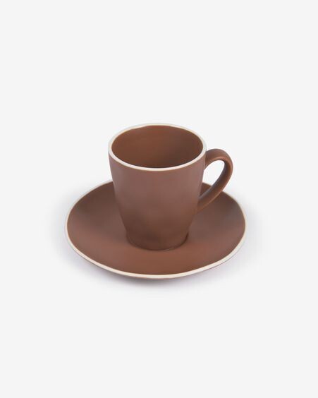 Taza de café con plato Rin de cerámica marrón