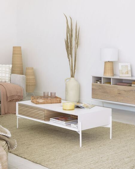 Mesa de centro Marielle de chapa de fresno y lacado blanco 124 x 70 cm