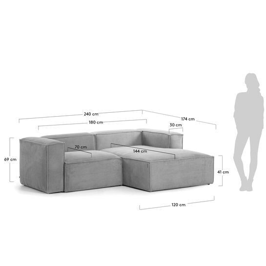 Sofá Blok 2 plazas chaise longue derecho pana gruesa gris 240 cm
