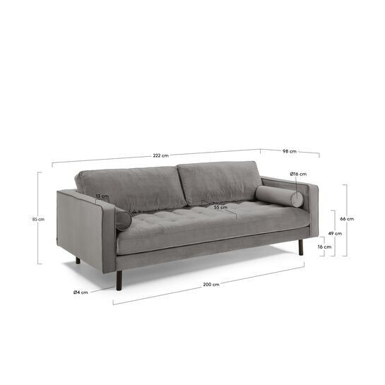 Sofá Debra 3 plazas terciopelo gris 222 cm