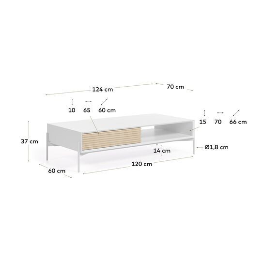Mesa de centro Marielle de chapa de fresno y lacado blanco 124 x 70 cm