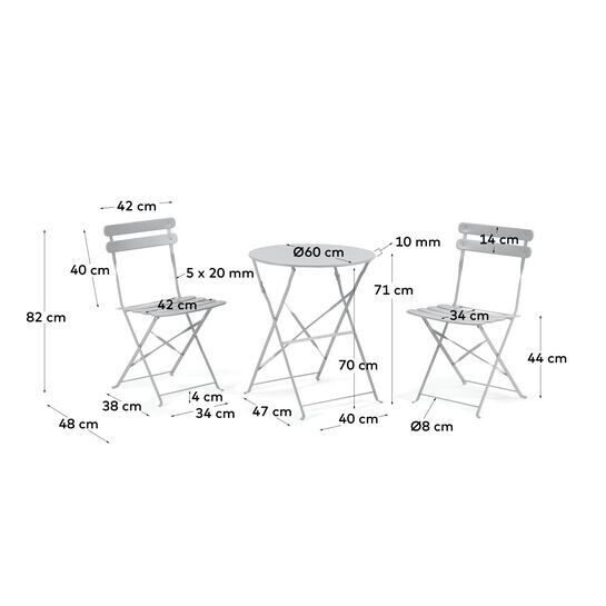 Set de exterior Alrick de mesa y 2 sillas plegables de acero gris claro