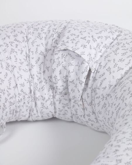 Cojín de lactancia Yamile 100% algodón orgánico (GOTS) blanco con hojas gris