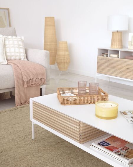 Mesa de centro Marielle de chapa de fresno y lacado blanco 124 x 70 cm
