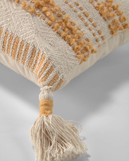 Funda cojín Mileia algodón mostaza y blanco 30 x 50 cm