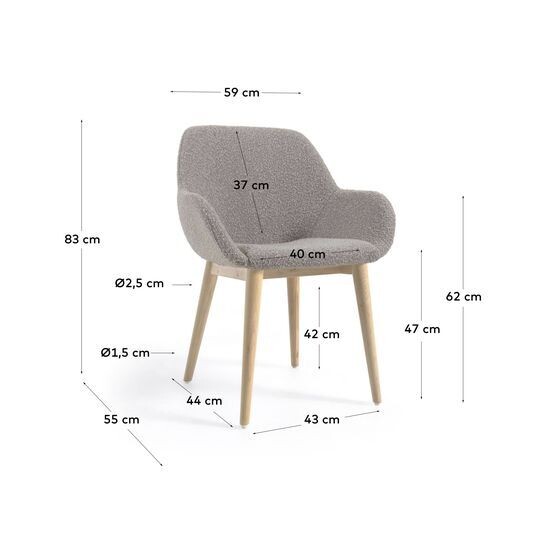 Silla Konna de borreguito gris claro y patas de chapa de fresno acabado natural