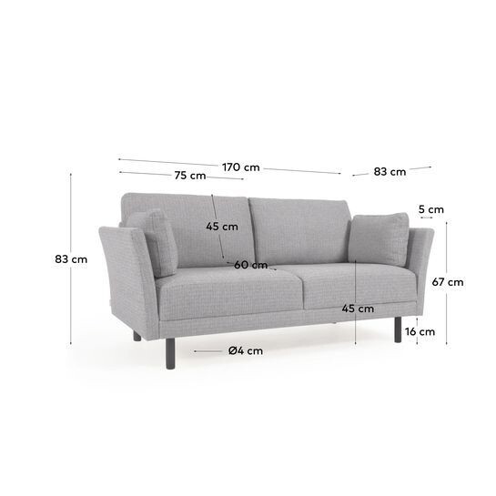 Sofá Gilma 2 plazas gris claro y patas acabado negro 170 cm