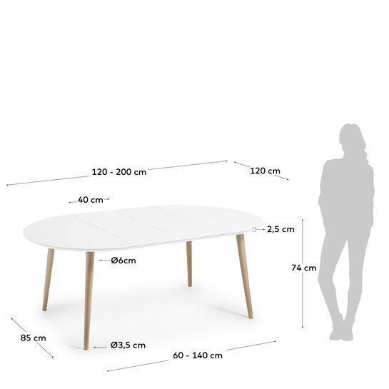 Mesa extensible redonda Oqui MDF lacado blanco y patas madera maciza haya 120(200)x120 cm