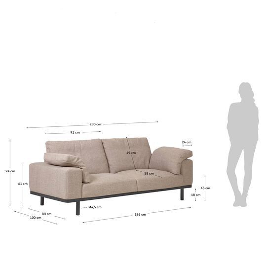 Sofá Noa 3 plazas con cojines beige patas acabado oscuro 230 cm