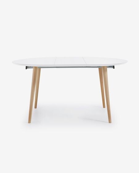 Mesa extensible redonda Oqui MDF lacado blanco y patas madera maciza haya 120(200)x120 cm