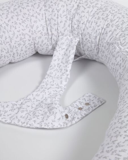 Cojín de lactancia Yamile 100% algodón orgánico (GOTS) blanco con hojas gris