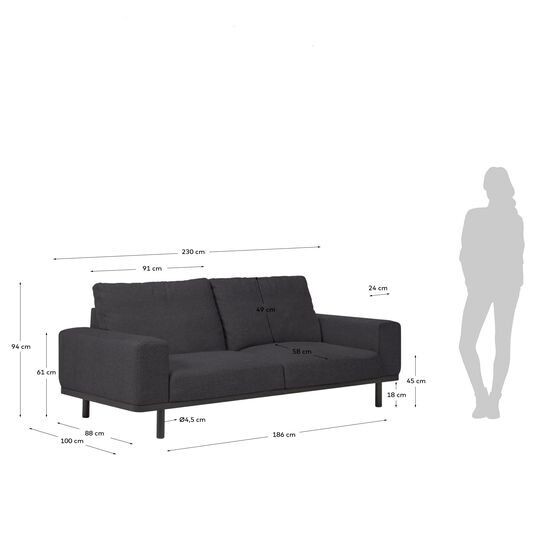 Sofá Noa 3 plazas gris con patas acabado oscuro 230 cm