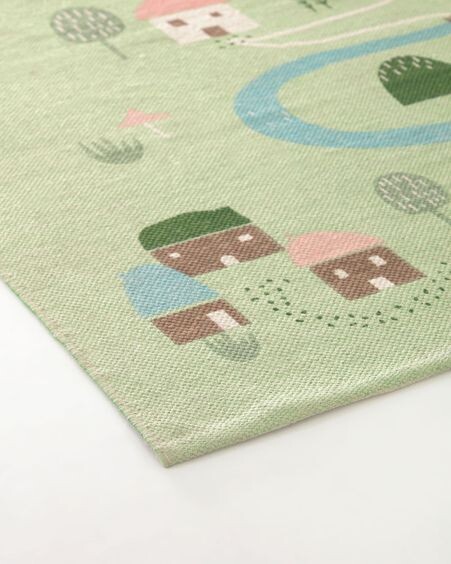 Alfombra Llaru 100% algodón verde casas y árboles multicolor 90 x 130 cm