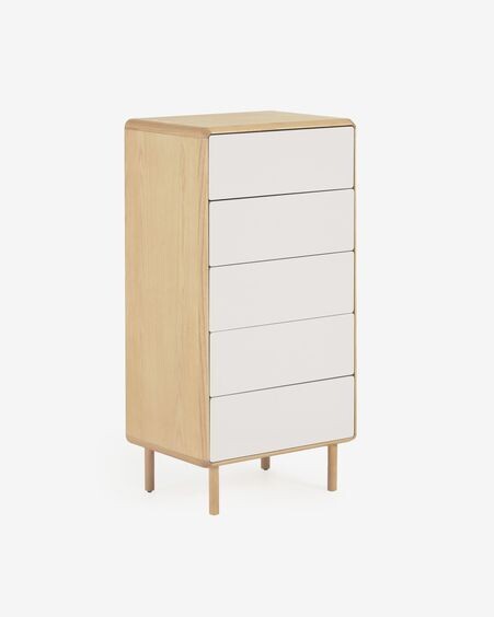 Cómoda Anielle de 5 cajones de madera maciza y chapa de fresno 60 x 117 cm