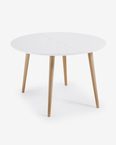 Mesa extensible redonda Oqui MDF lacado blanco y patas madera maciza haya 120(200)x120 cm