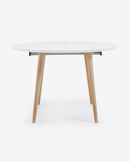 Mesa extensible redonda Oqui MDF lacado blanco y patas madera maciza haya 120(200)x120 cm