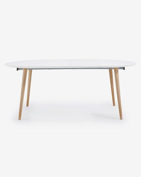 Mesa extensible redonda Oqui MDF lacado blanco y patas madera maciza haya 120(200)x120 cm