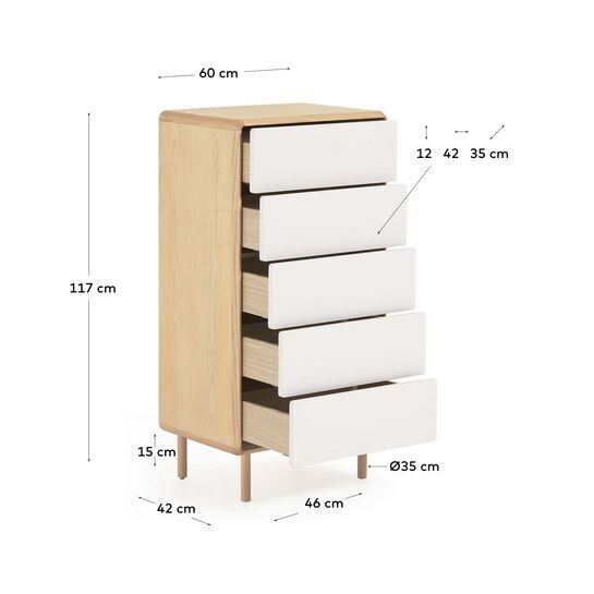 Cómoda Anielle de 5 cajones de madera maciza y chapa de fresno 60 x 117 cm