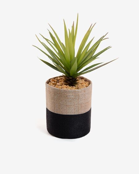 Planta artificial Palmera pequeña con maceta de rafia natural y negro 21 cm
