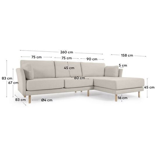 Sofá Gilma 3 plazas con chaise longue derecho/izquierdo beige y patas natural 260 cm
