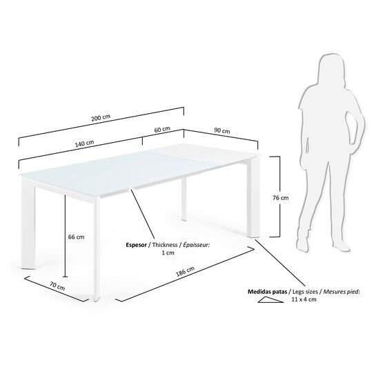 Mesa extensible Axis de cristal blanco y patas de acero acabado blanco 140 (200) cm