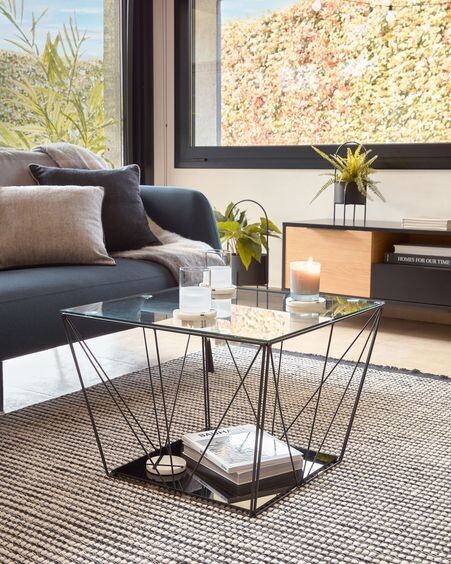 Mesa de centro Tilo cristal y estructura de acero acabado negro 60 x 60 cm