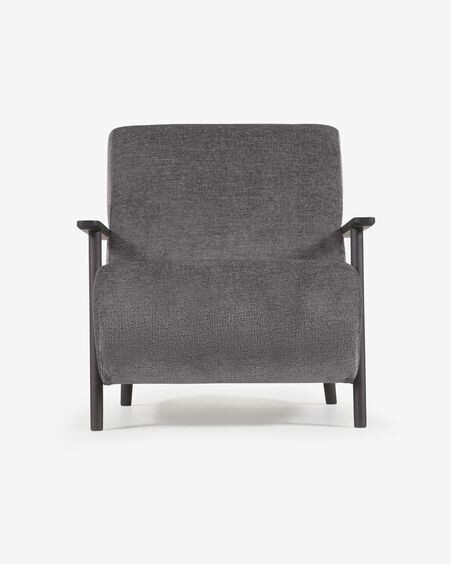 Butaca Meghan de chenilla gris oscuro y madera con acabado wengué