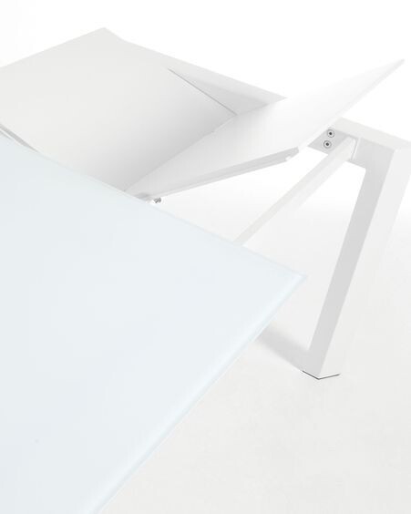 Mesa extensible Axis de cristal blanco y patas de acero acabado blanco 140 (200) cm