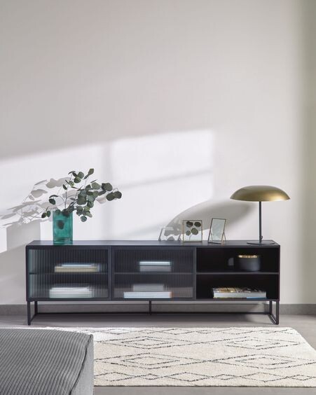 Mueble TV Trixie acero con acabado negro 180 x 58 cm