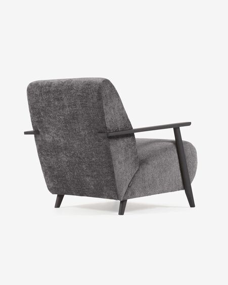 Butaca Meghan de chenilla gris oscuro y madera con acabado wengué