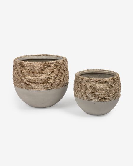 Set Tamim de 2 maceteros de cemento con acabado natural y blanco Ø 26 cm / Ø 33 cm