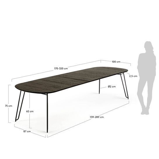 Mesa extensible Milian 170 (320) x 100 cm chapa de fresno patas de acero acabado negro