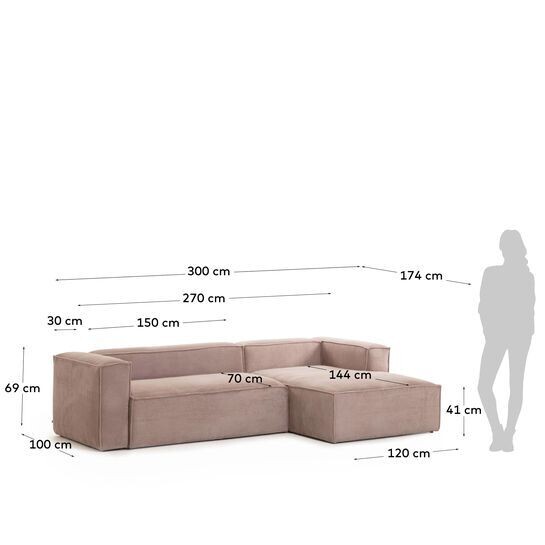 Sofá Blok 3 plazas chaise longue derecho pana gruesa rosa 300 cm