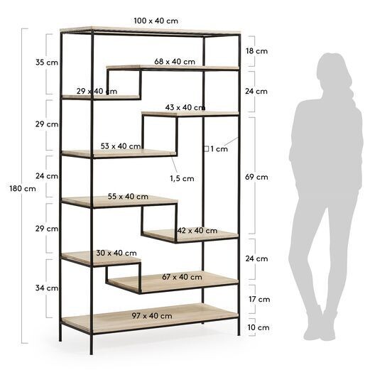 Estantería Push de madera maciza de mango y acero negro 100 x 180 cm