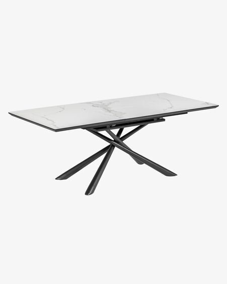 Mesa extensible Theone porcelánico blanco y patas de acero acabado negro 160 (210) x 90 cm