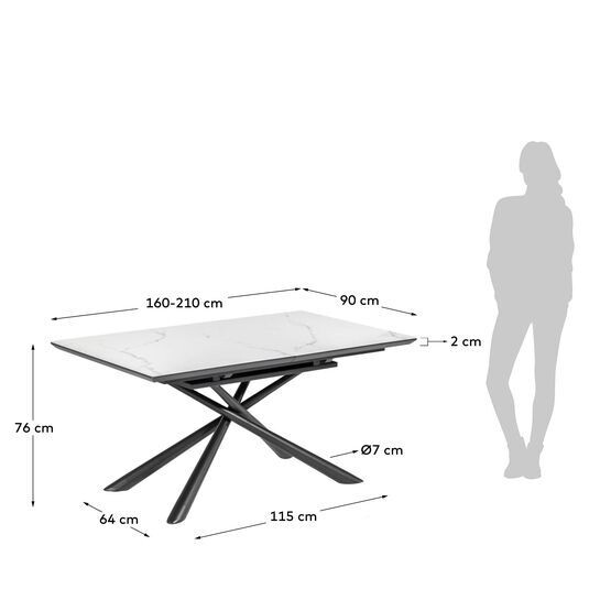 Mesa extensible Theone porcelánico blanco y patas de acero acabado negro 160 (210) x 90 cm